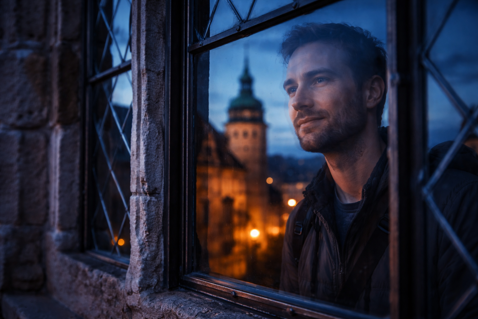 Historical landmarks in Germany: Reflective traveler in historic window glass with towers and evening light layered behind.