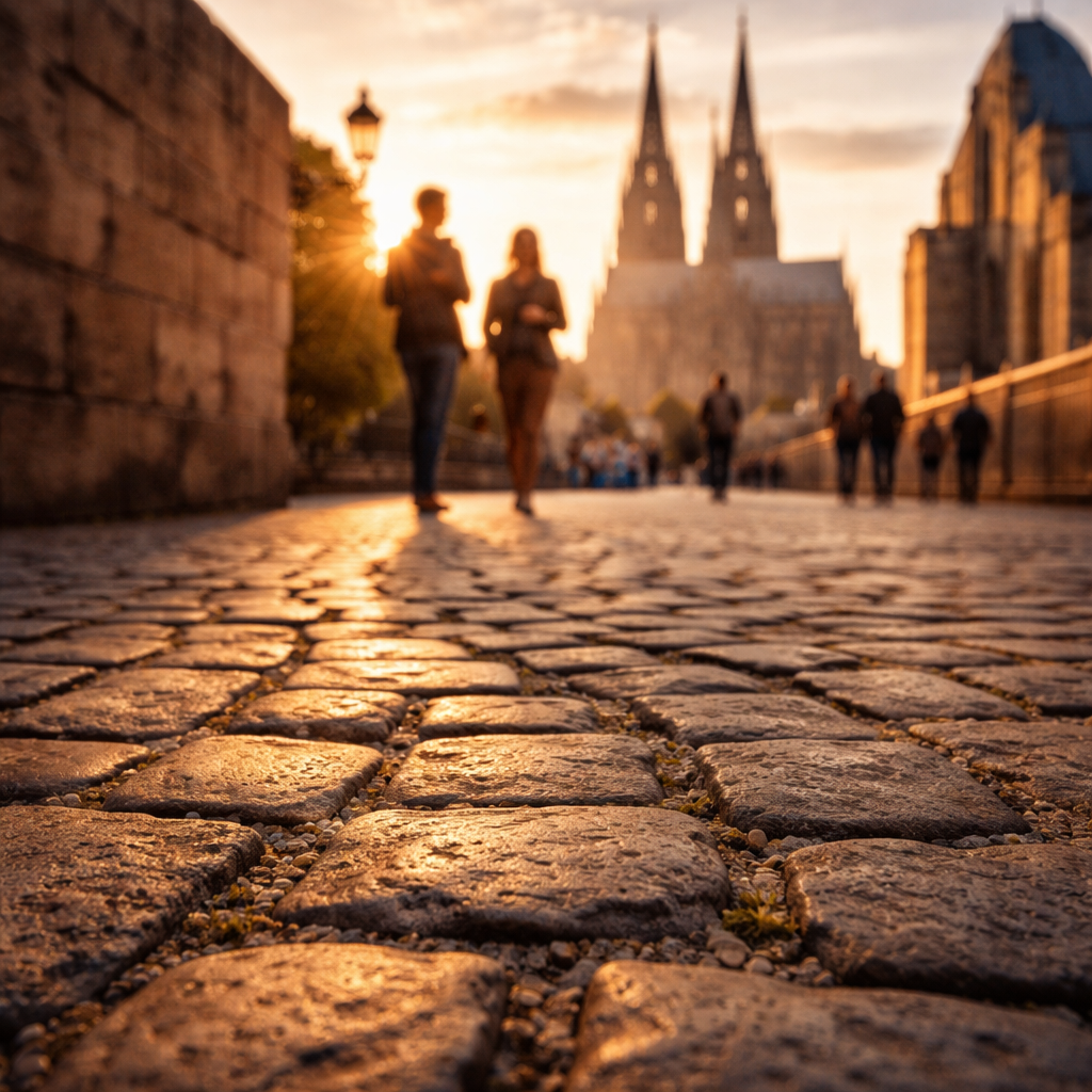 Historic stone and paving in warm light with a monumental German landmark rising behind.