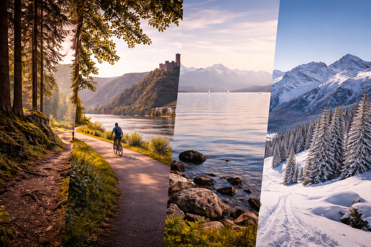 Blended landscape showing forest, river, lake, and mountain adventure in Germany.