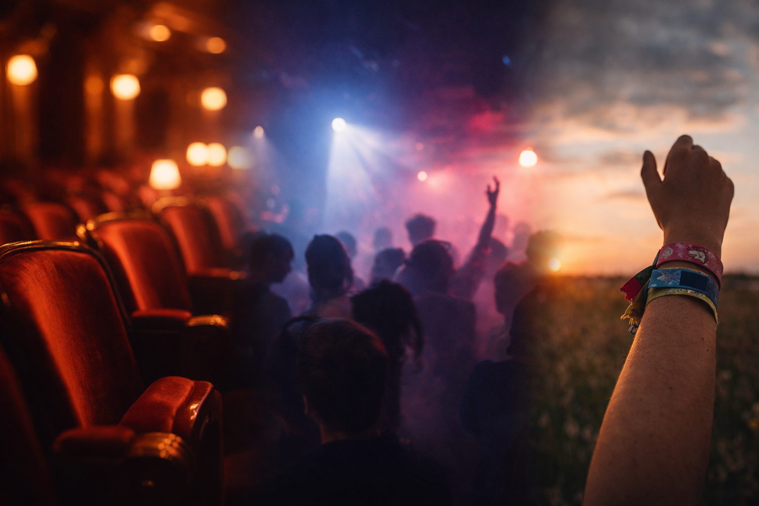 Three music moods in Germany blended into one frame: opera, club, and festival.