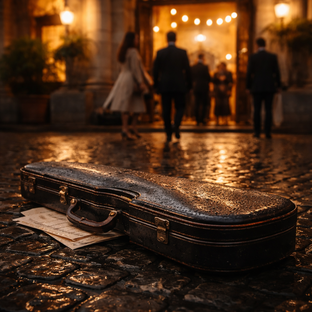 Violin case on wet cobblestones outside a glowing German concert hall.