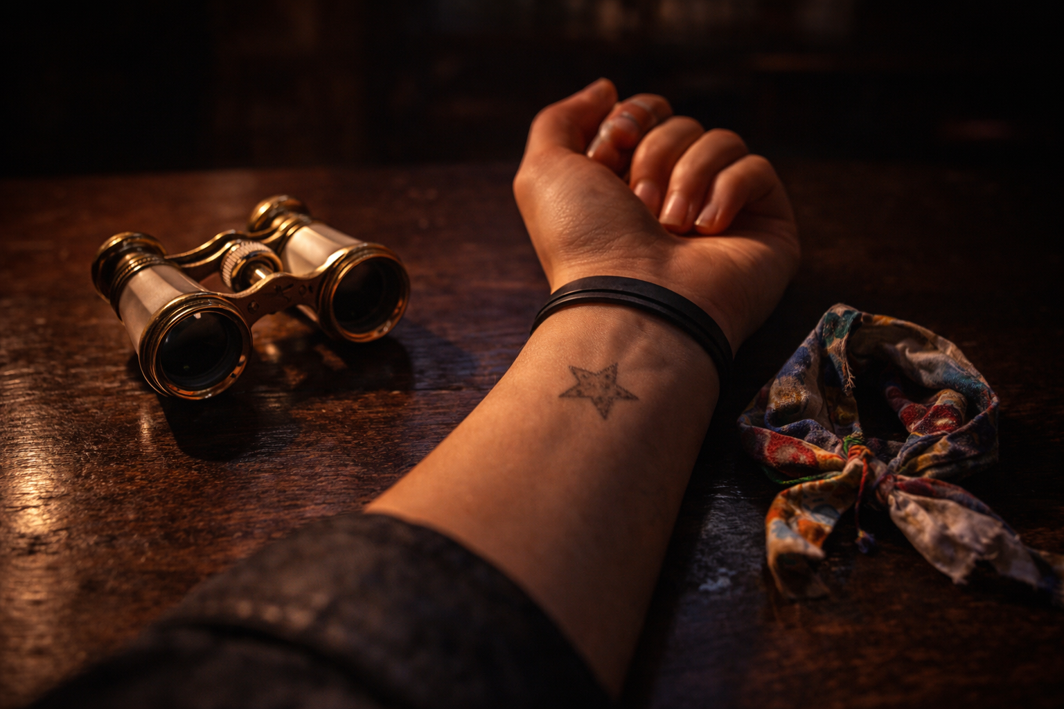 Opera glasses, club wrist stamp, and festival bandana representing different music moods.