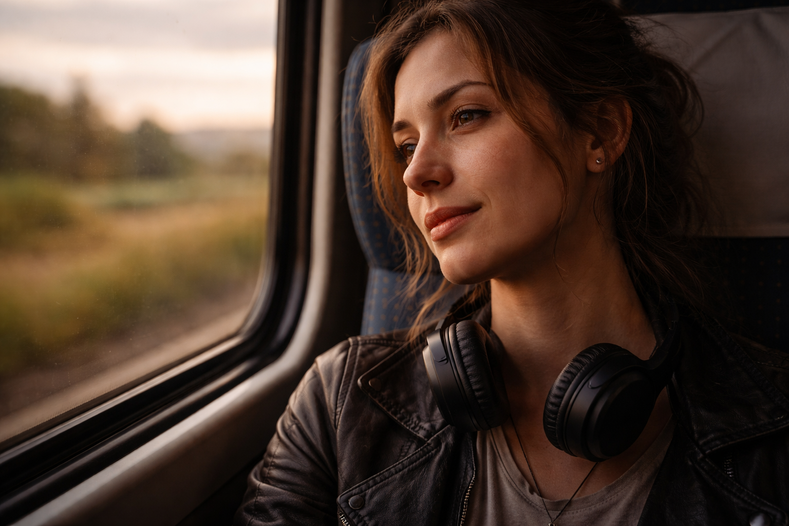 Tired but satisfied traveler on a morning train after a music night.