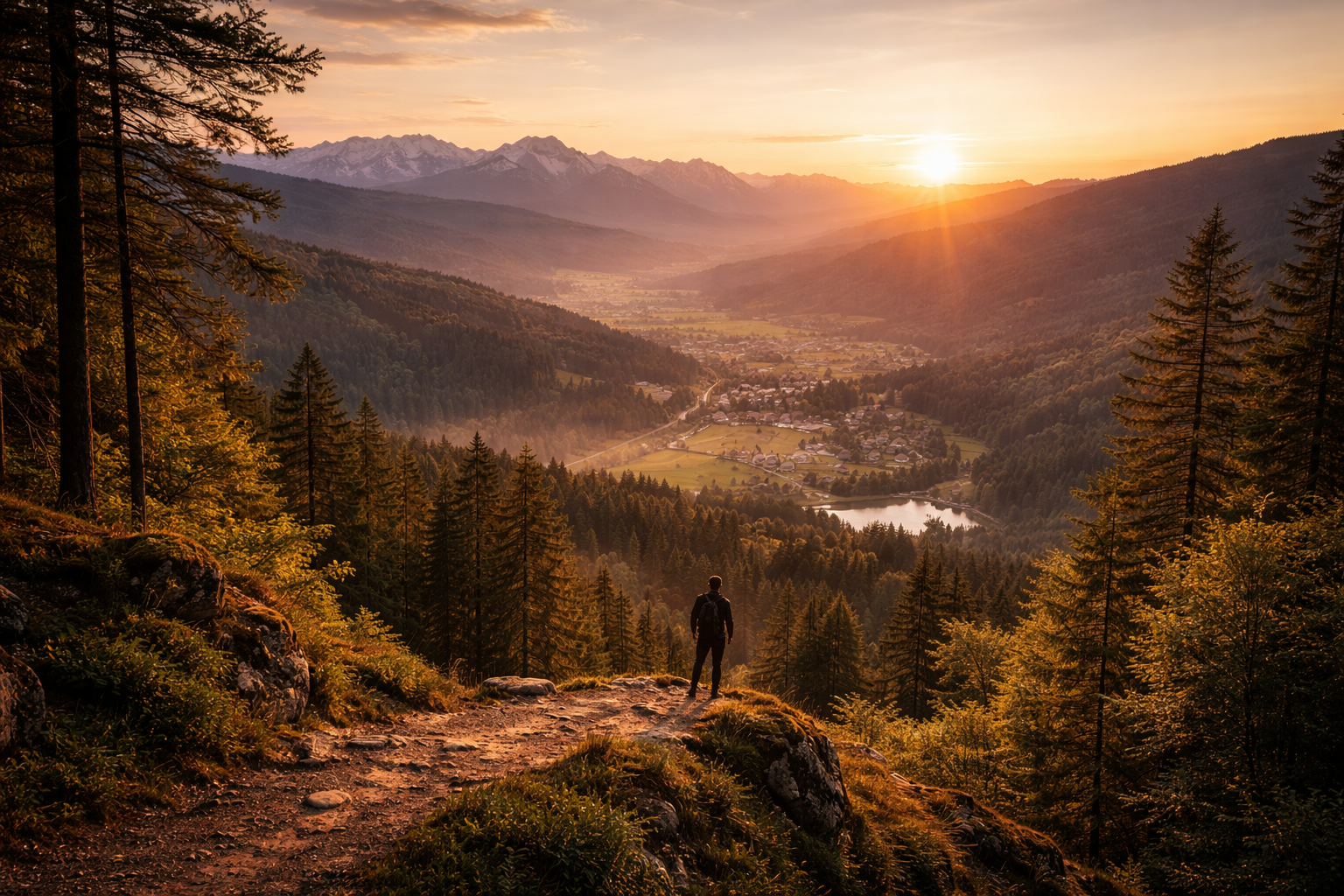 Outdoor adventures in Germany: Wide German valley at sunset with forest and mountain layers and a tiny traveler silhouette.