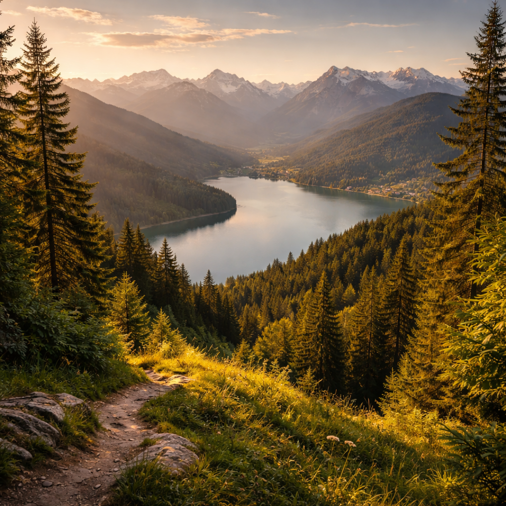Wide German outdoor landscape with forest, lake, and distant alpine peaks in warm light.