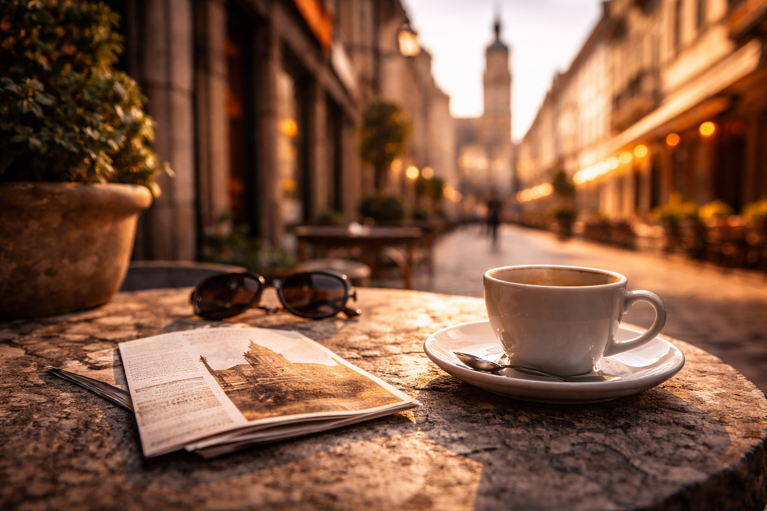 Stone table, coffee, and old-town blur suggesting a slower, richer historical day in Germany.