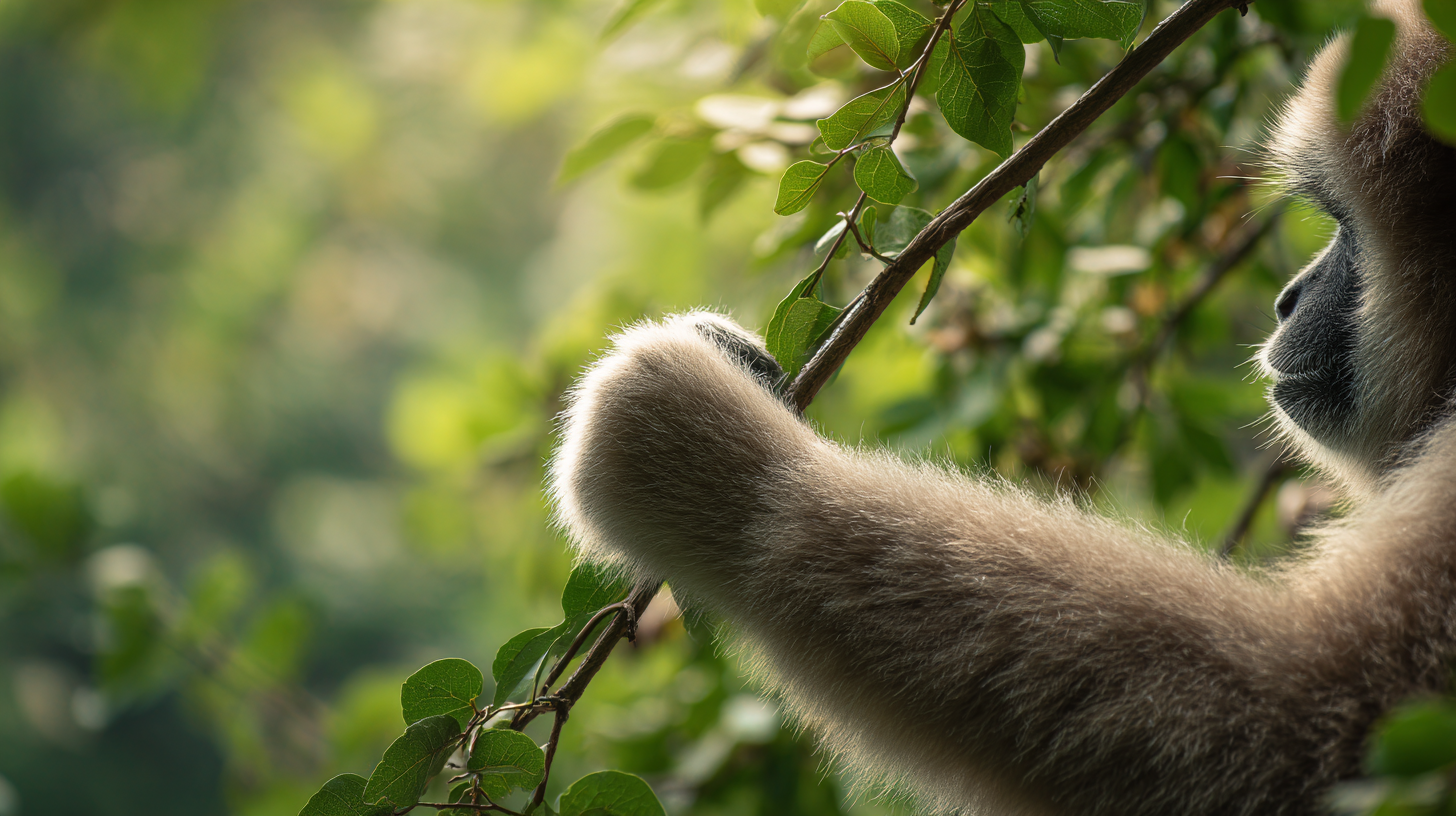 Thailand wildlife: Close-up of a gibbon hand gripping a branch.
