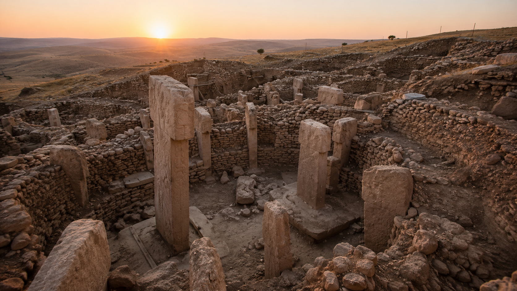Anatolian civilizations: Carved stone pillars at Gobekli Tepe archaeological site near Sanliurfa at dawn