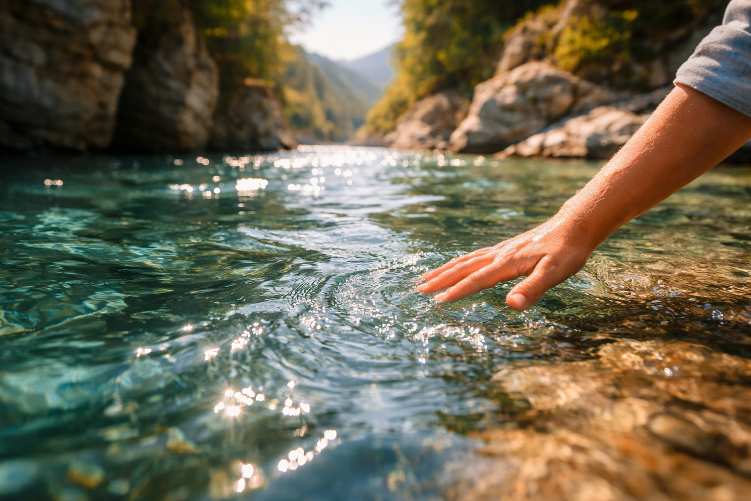 Turquoise water close-up with a child’s hand reaching toward the surface.
