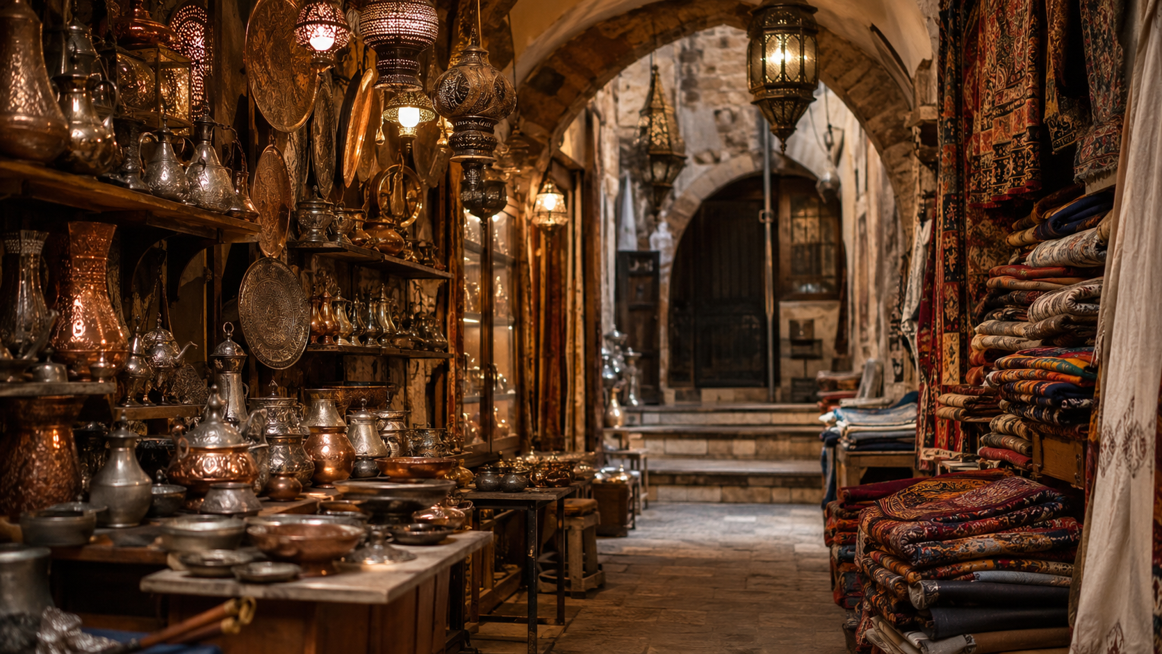Grand Bazaar artisan shops with copperware, textiles, lanterns, and stone arches
