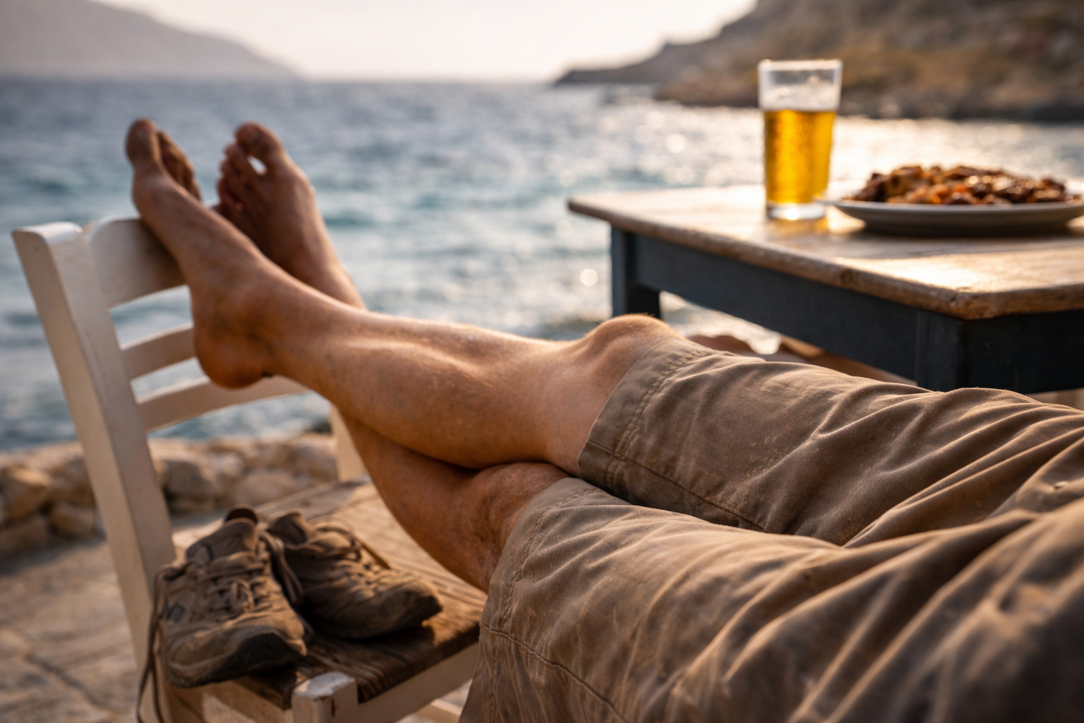 Recovery moment after an active day in Greece with dusty shoes and a cold drink.