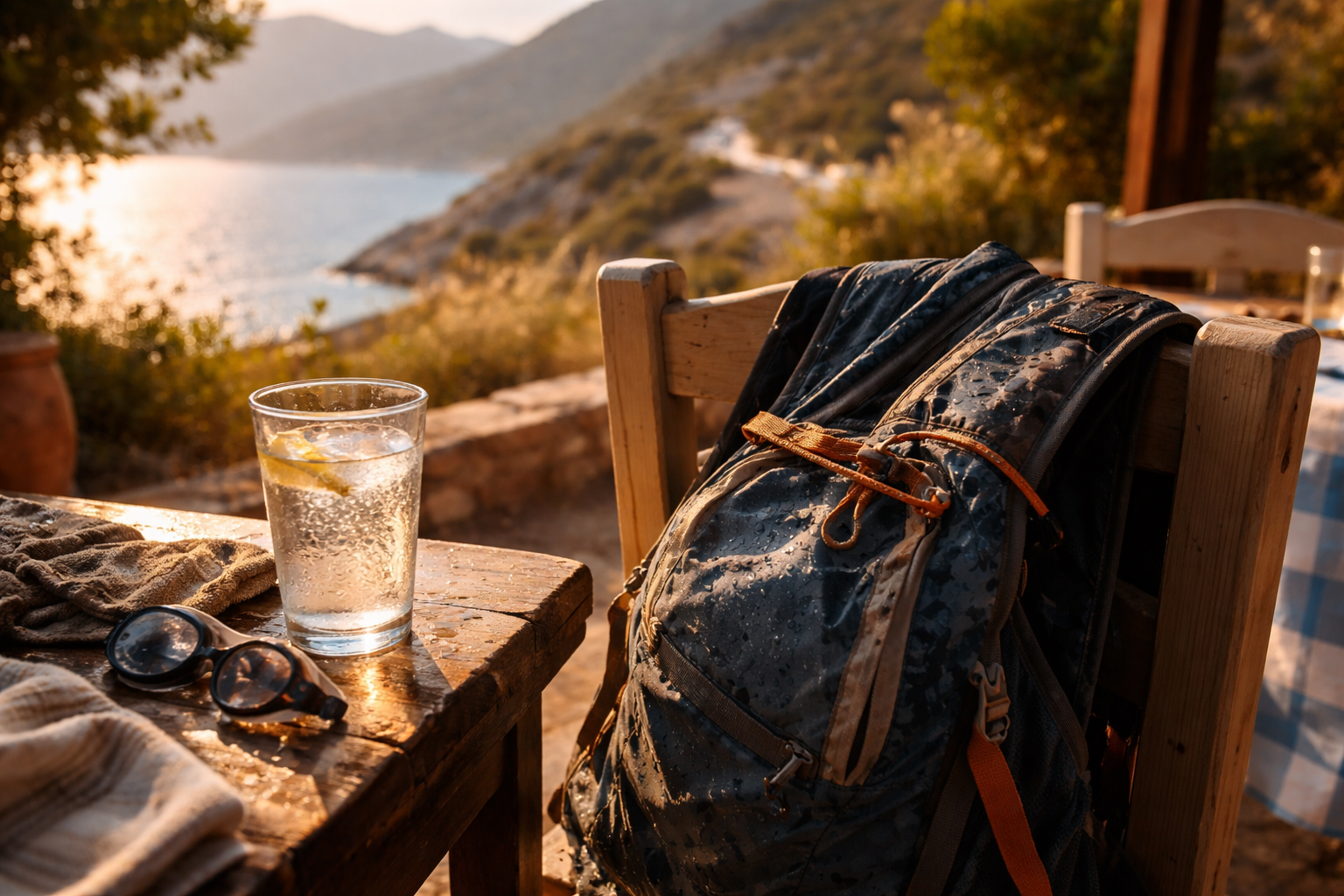 Active-day details combining swim, mountains, and tavern comfort in Greece.