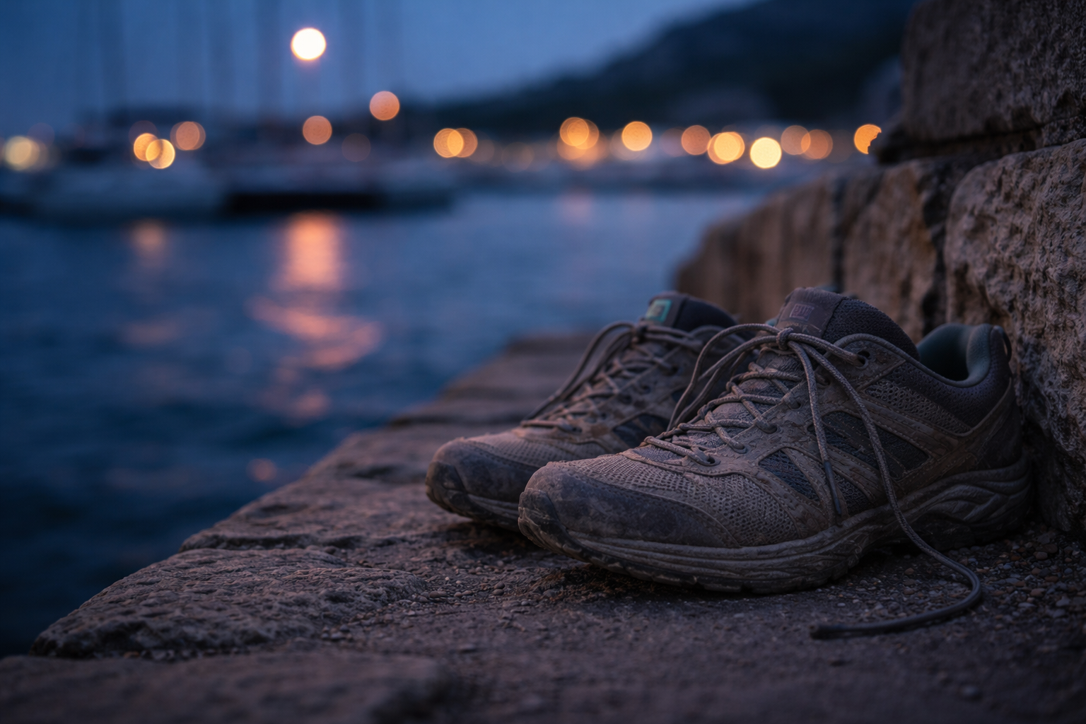 Adventure travel in Greece: Dusty trail shoes beside a harbor wall at blue hour after an active Greece day.