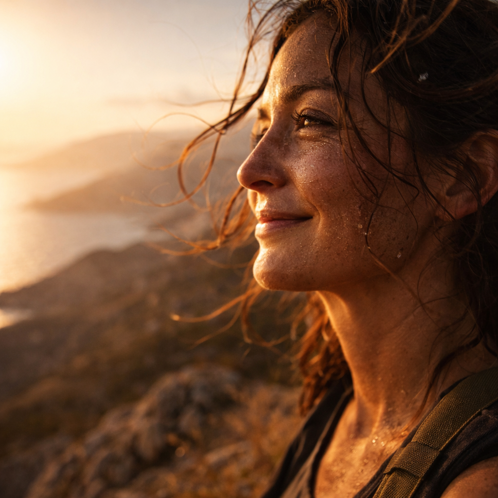 Close-up of a hiker’s face on a windy Greek ridge in golden light.