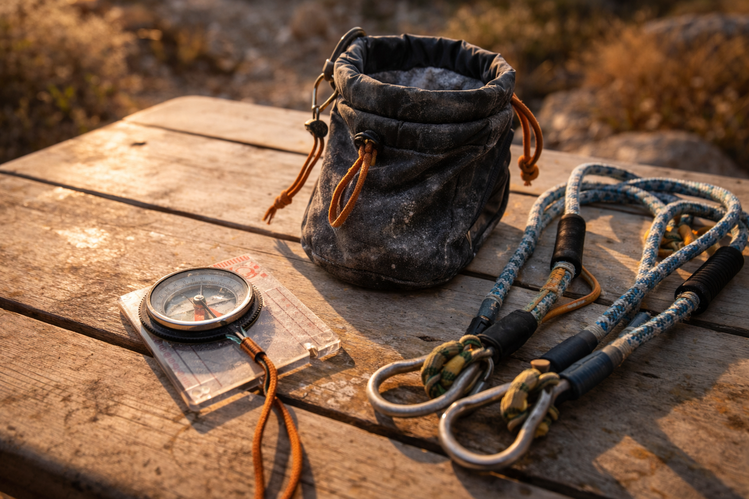 Compass, chalk bag, and windsurf gear representing different Greek adventure styles.