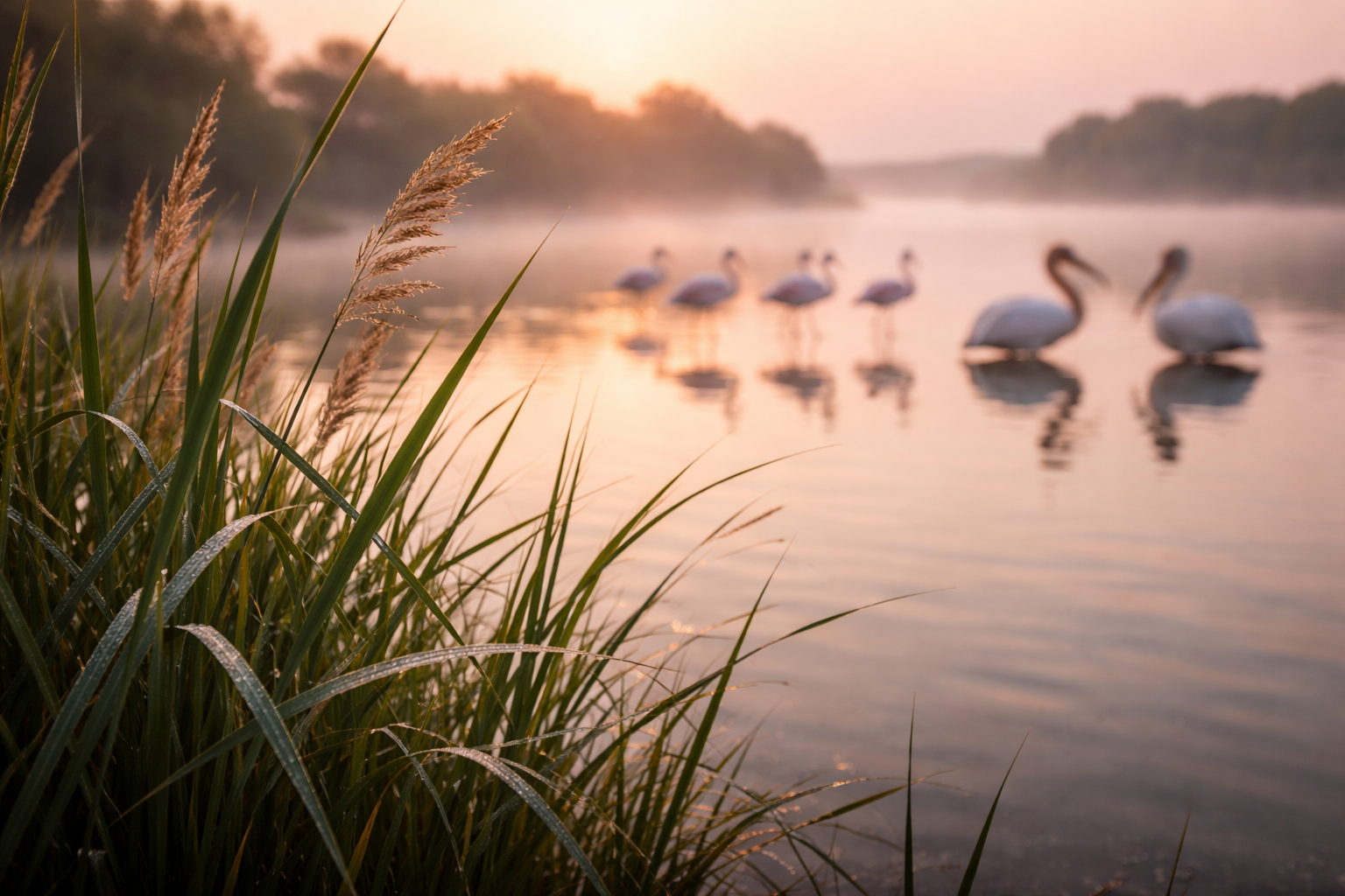 Wetland reeds at dawn with flamingos and pelicans softly visible beyond.