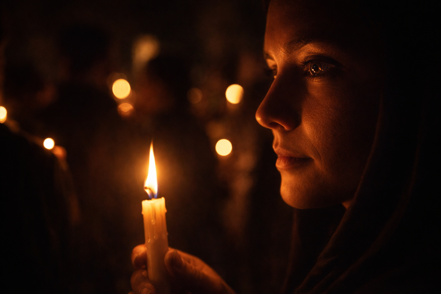 Face illuminated by Easter candlelight during a Greek midnight celebration.