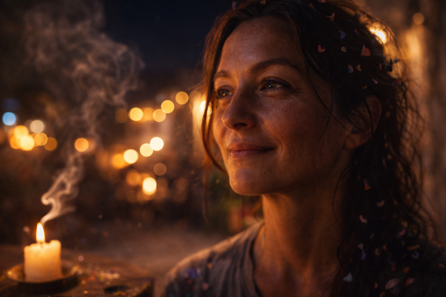 Happy, tired face after a Greek festival night with soft lights behind.