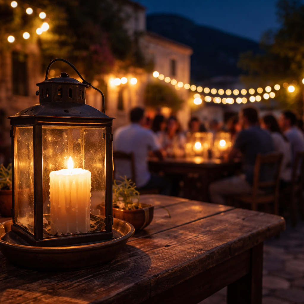 Candlelit Greek village square with softly blurred communal celebration behind.