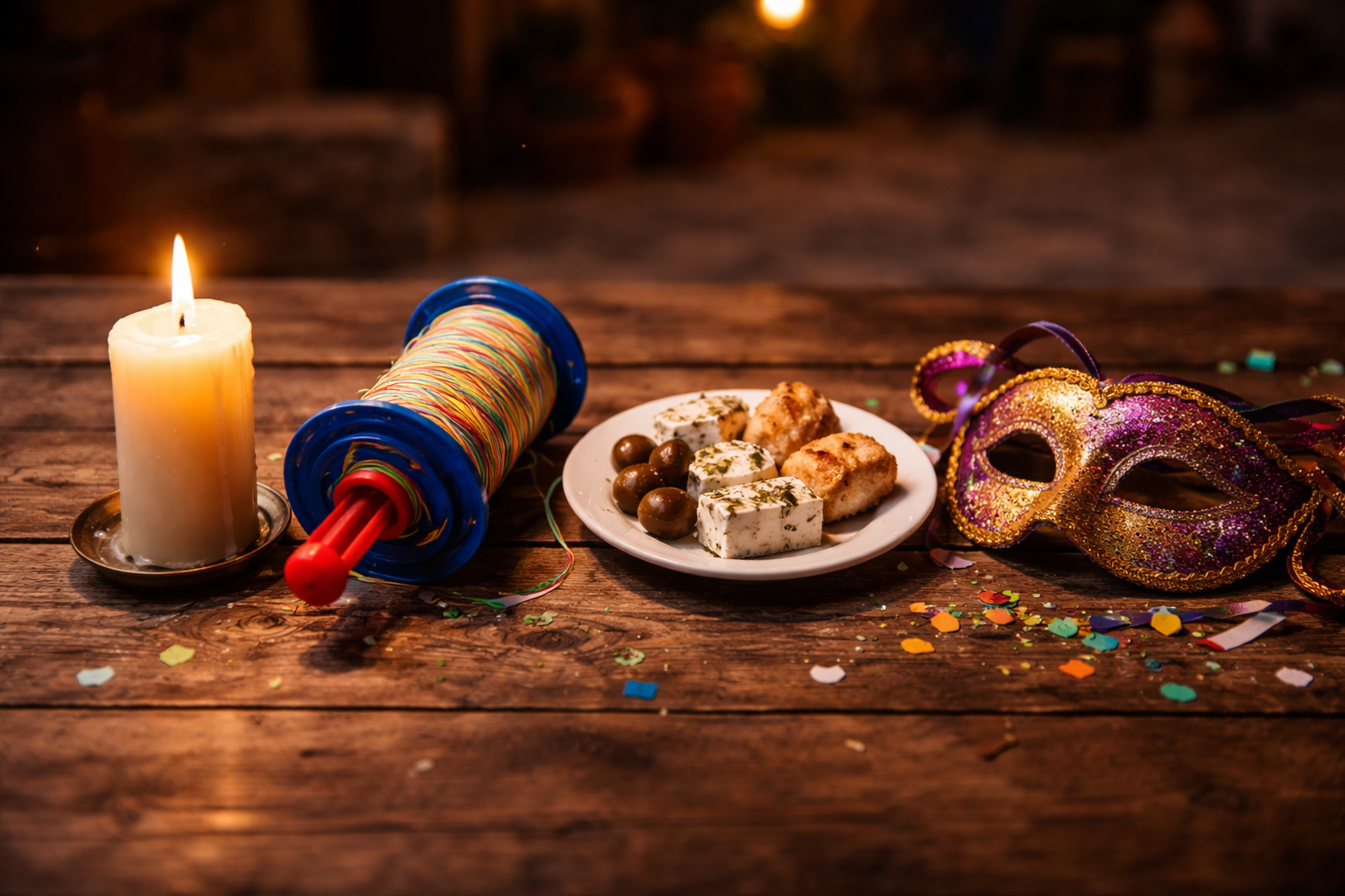 Candle, kite spool, food plate, and carnival mask representing Greece festival styles.