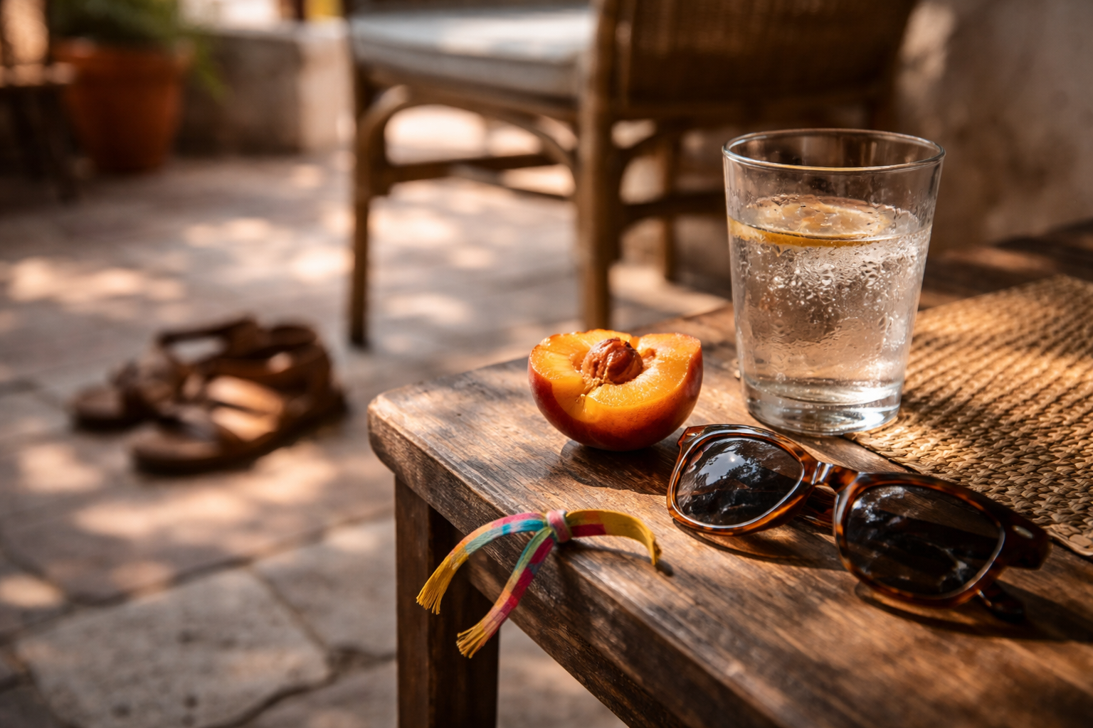 Shaded terrace recovery moment before another Greek festival night.