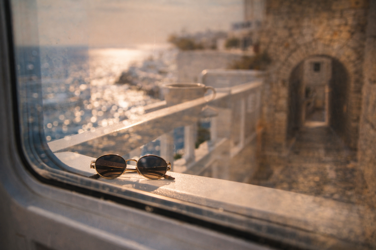 Ferry-window frame suggesting a three-chapter Greece island route.