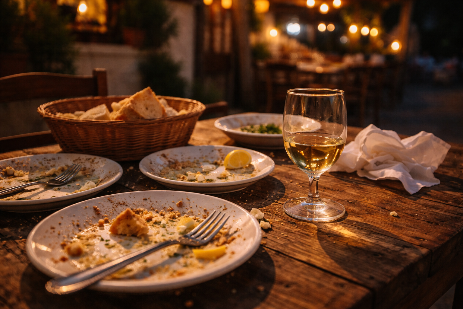 Greek food travel guide: the end of a slow Greek meal with bread, olive oil, and one last glass in warm night air.