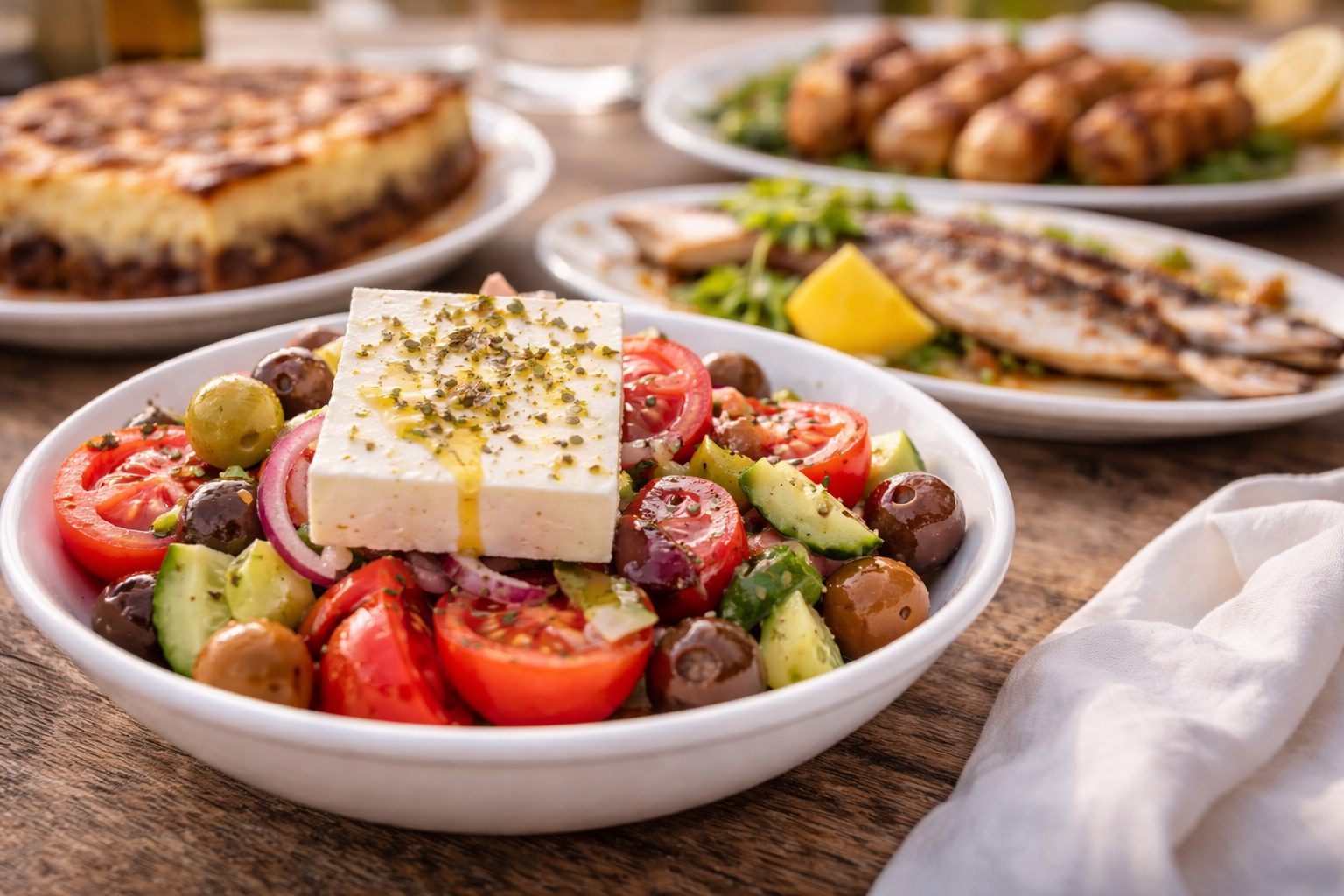 Greek salad in focus with other essential Greek dishes softly blurred behind.