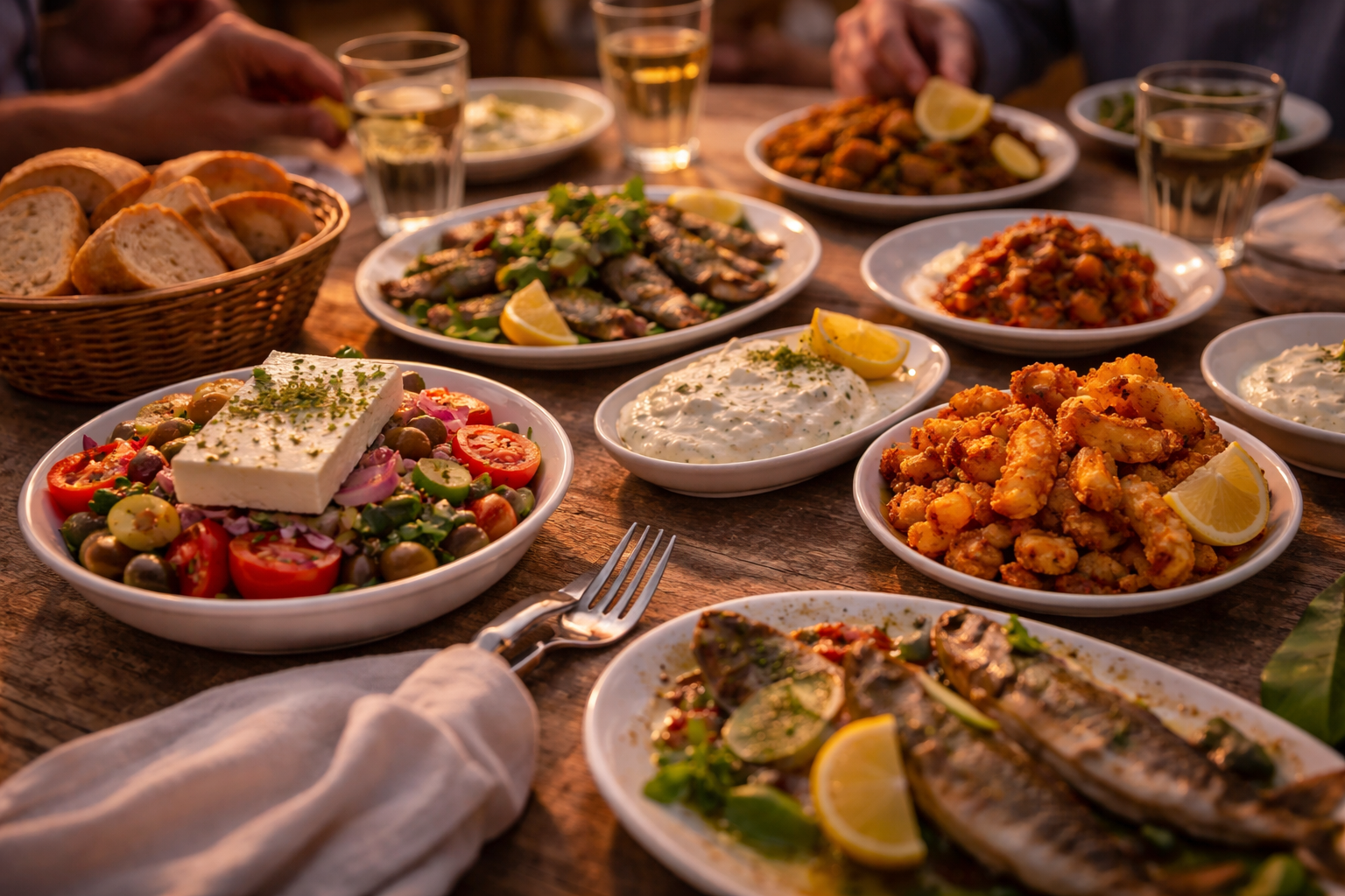 Shared Greek table showing how multiple small dishes create the meal.