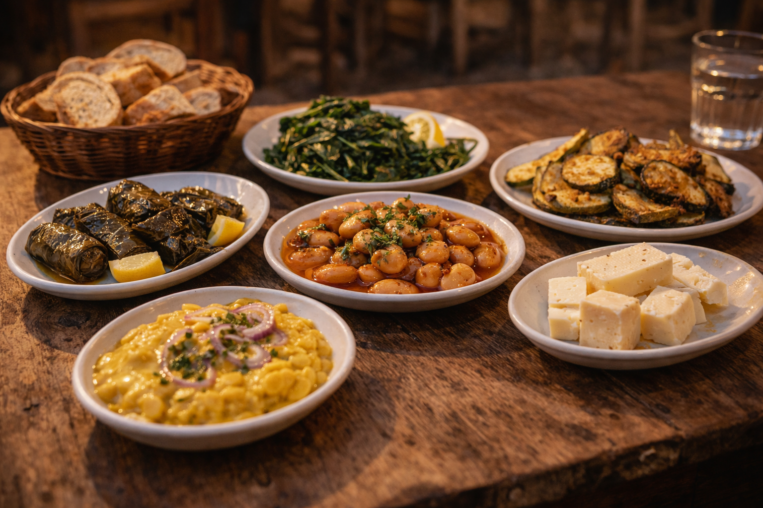 Underappreciated Greek dishes arranged on a warm, real-feeling village table.
