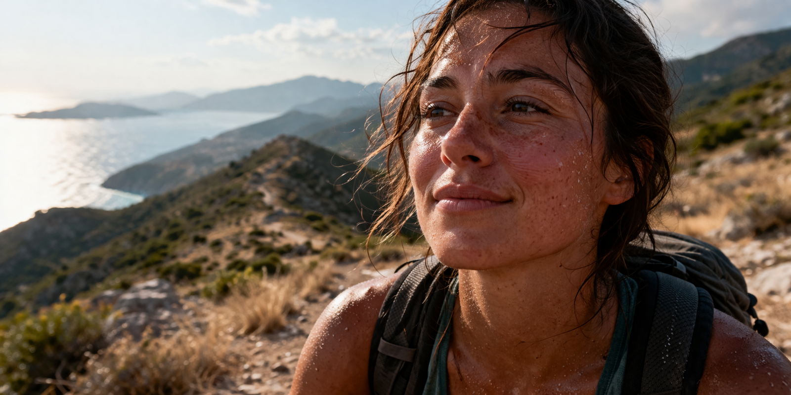 Flushed hiker’s face with a sea-view ridge softly blurred behind.