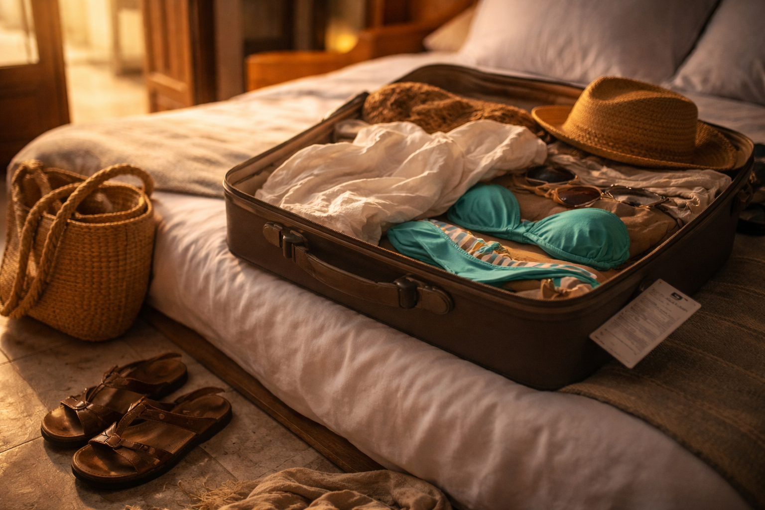 Half-unpacked suitcase in warm island light showing the fatigue of too many moves.