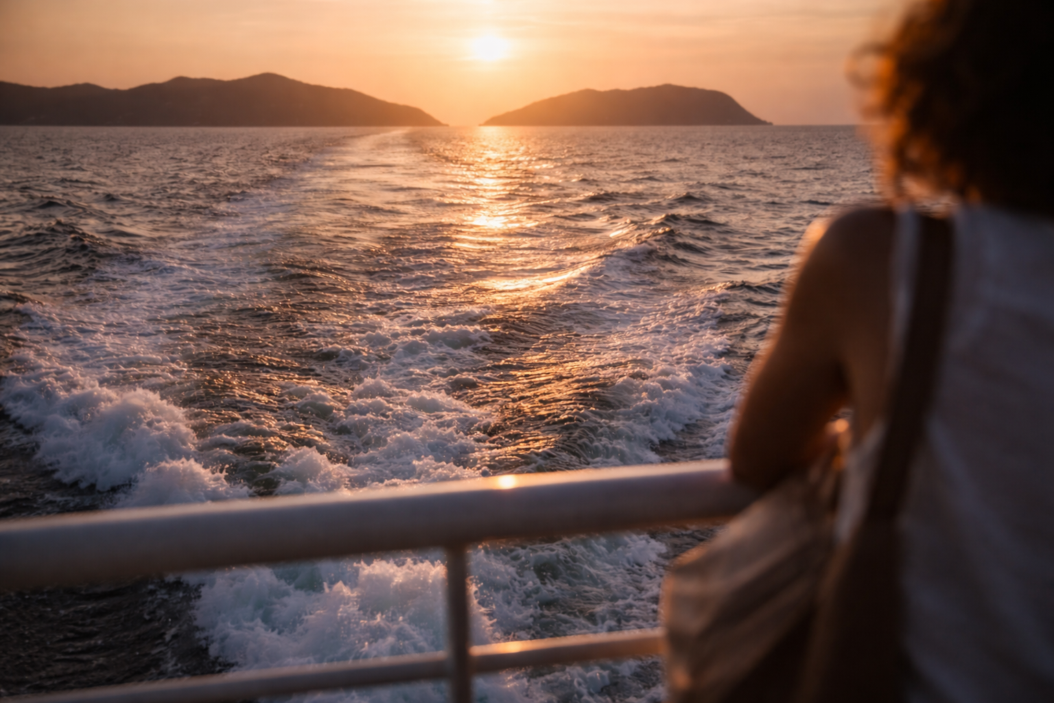 Greece island hopping guide: Ferry wake at sunset with Greek island silhouettes fading behind.
