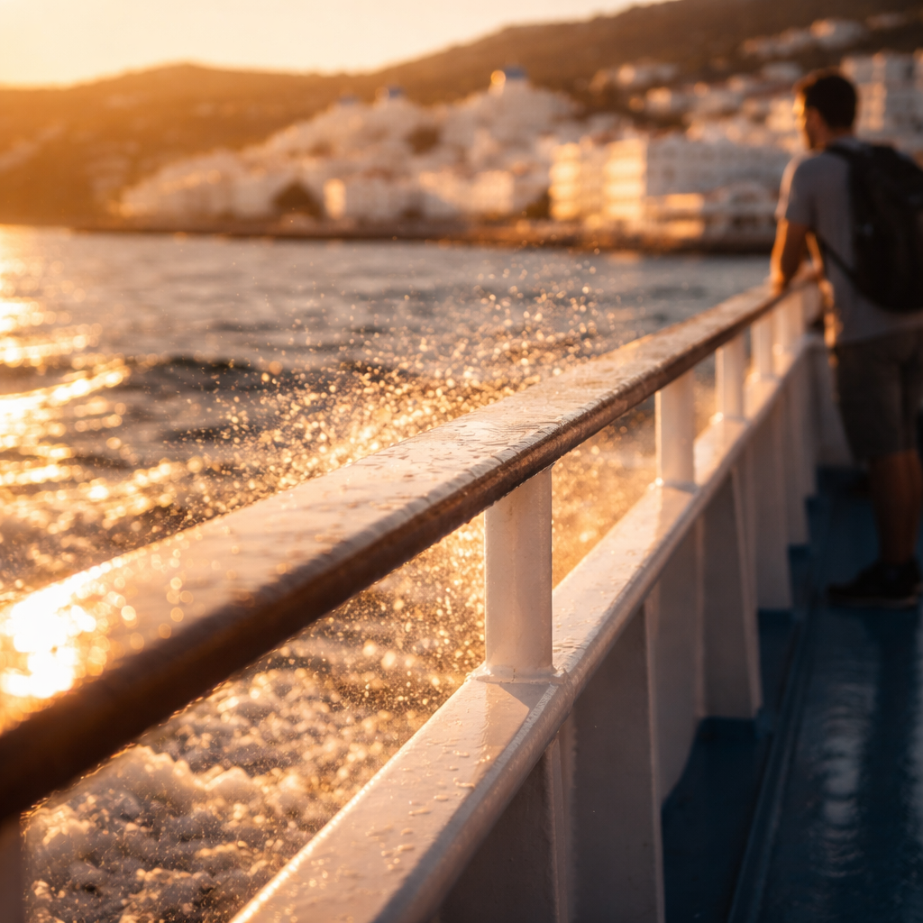 Ferry deck rail and sea spray with a Greek island softly visible ahead.