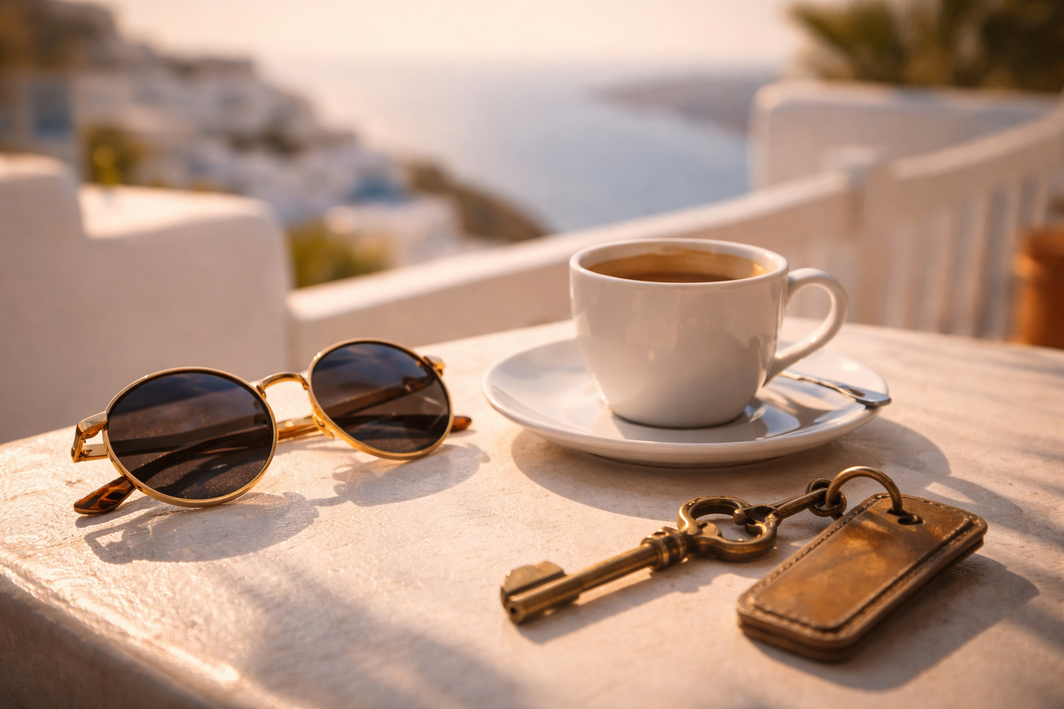 Three symbolic objects representing Mykonos, Santorini, and Rhodes as different trip moods.