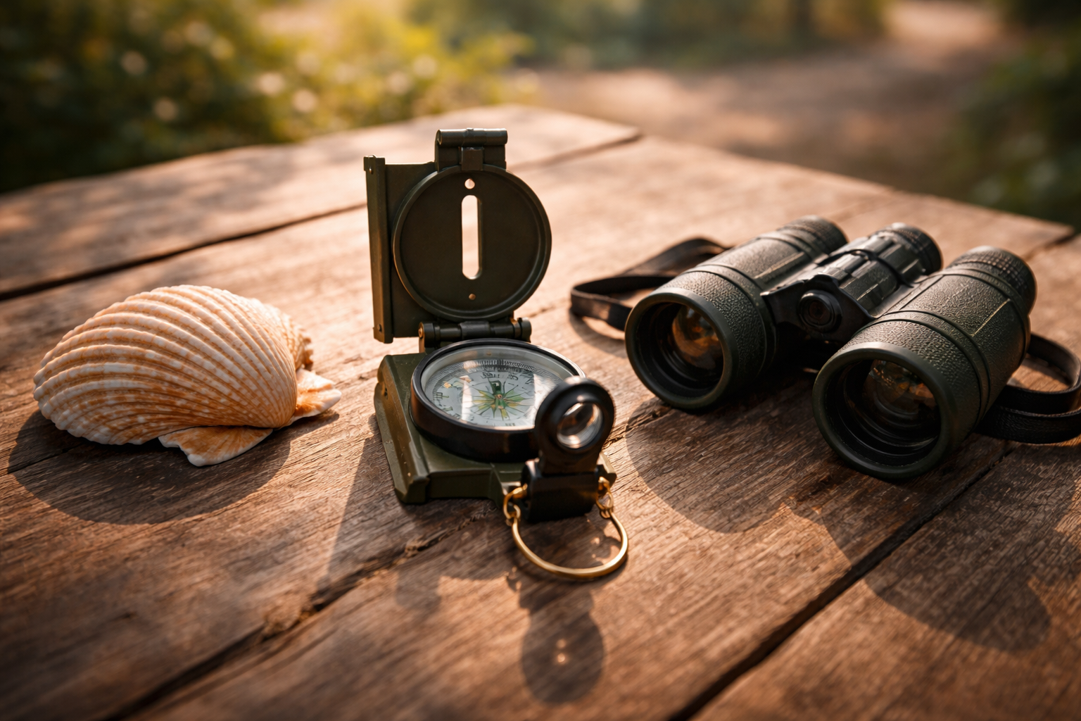 Shell, compass, and binoculars representing different nature chapters in Greece.