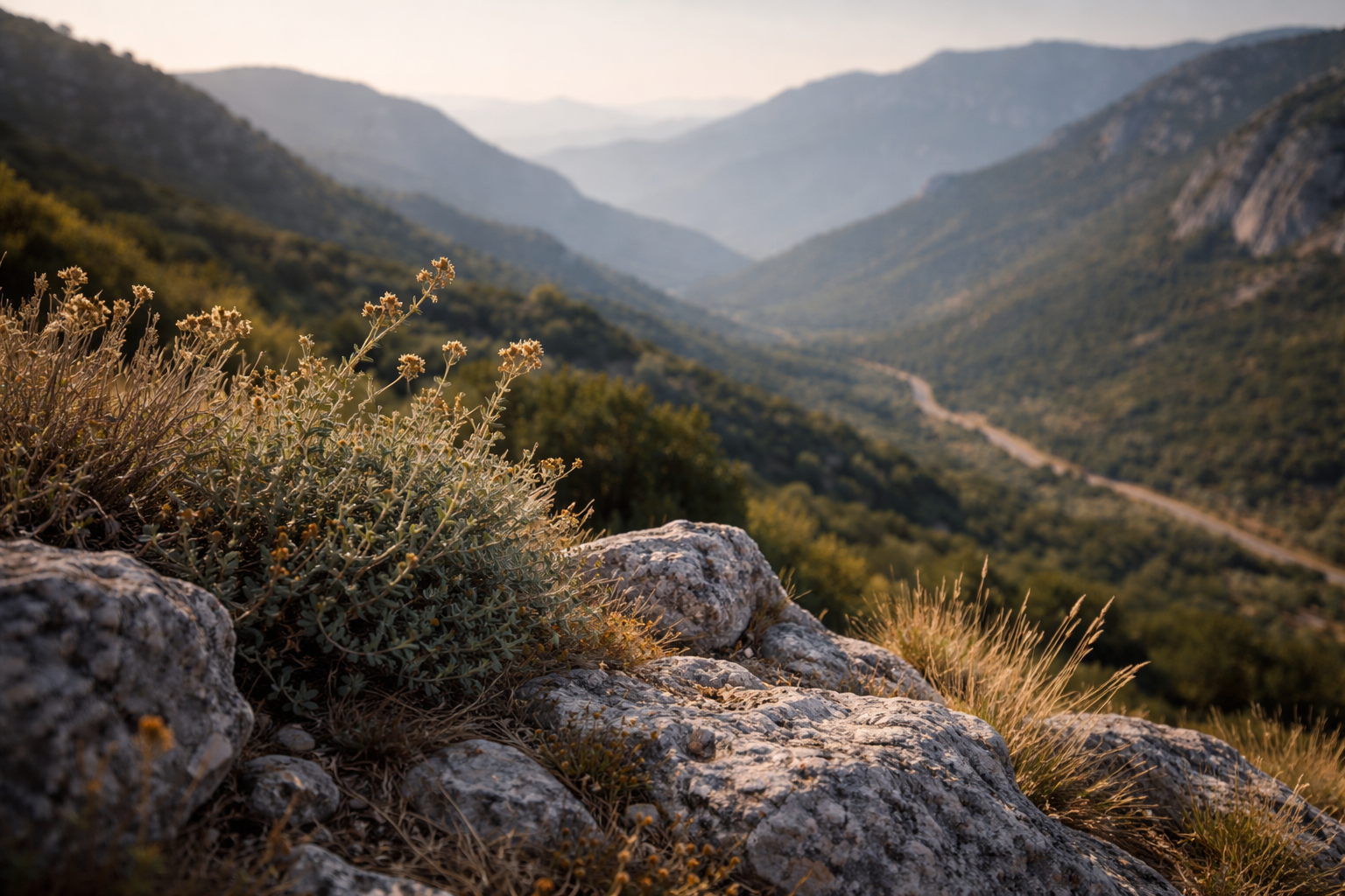 Rocky Greek landscape with herbs in focus and blue mountains fading behind.