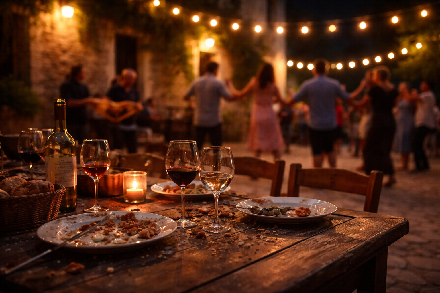Long village table during a Greek panigiri with music and dancers blurred behind.