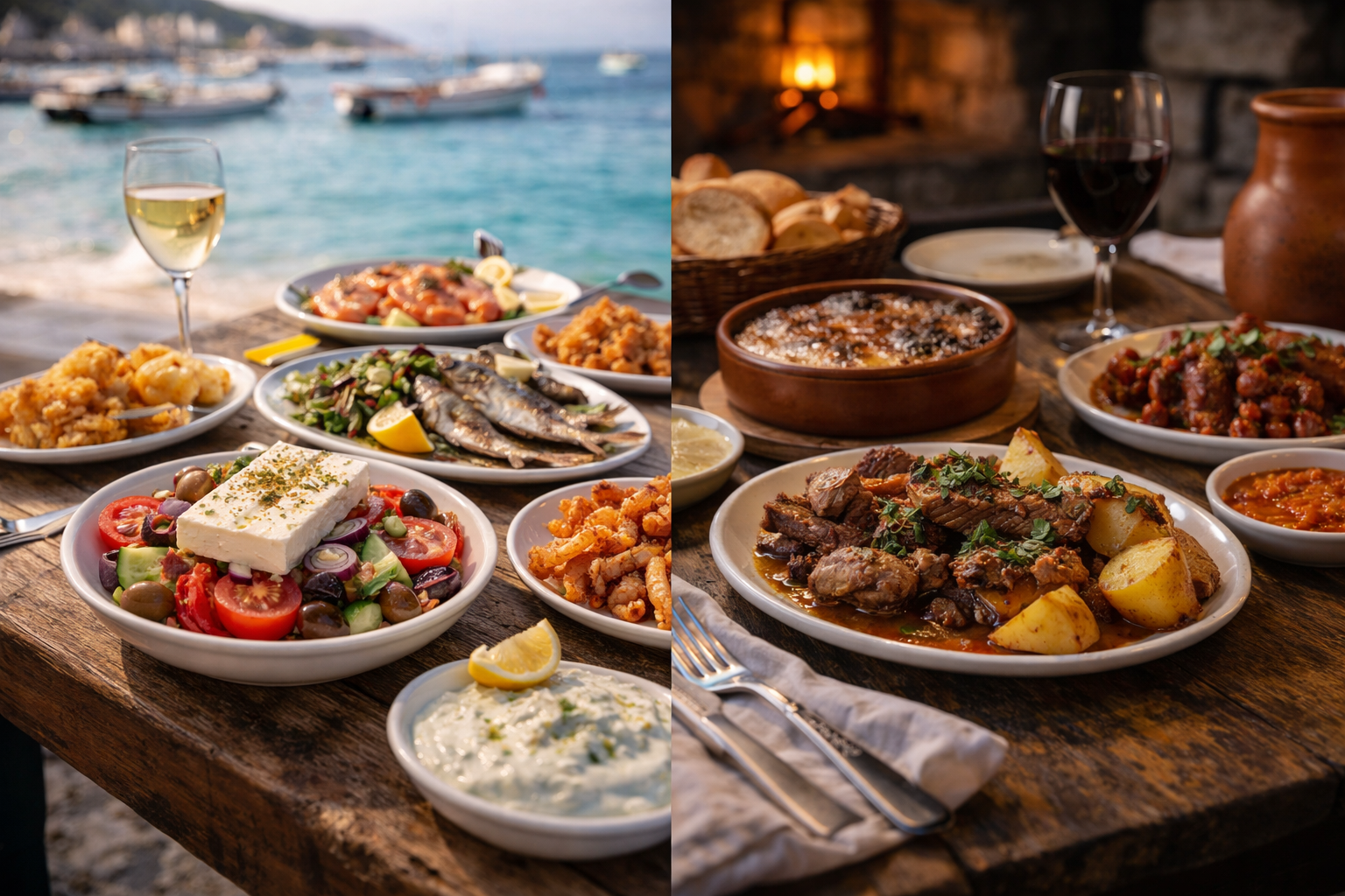 Coastal seafood and mountain comfort food contrasted in one Greek frame.