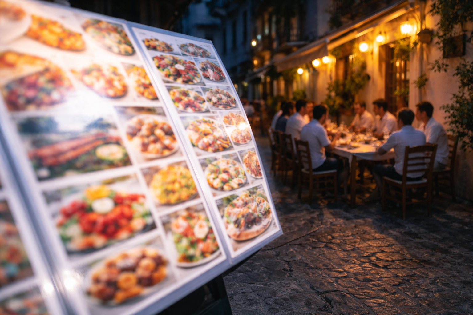 Tourist-menu visuals contrasted with a warmer side-street Greek taverna behind.