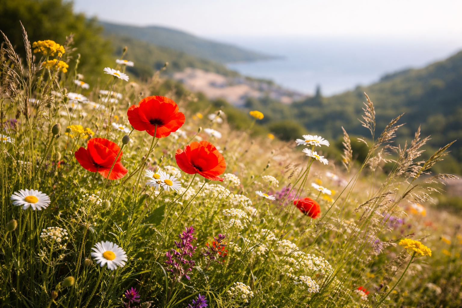 Wildflowers and herbs on a Greek hillside in vivid spring light.