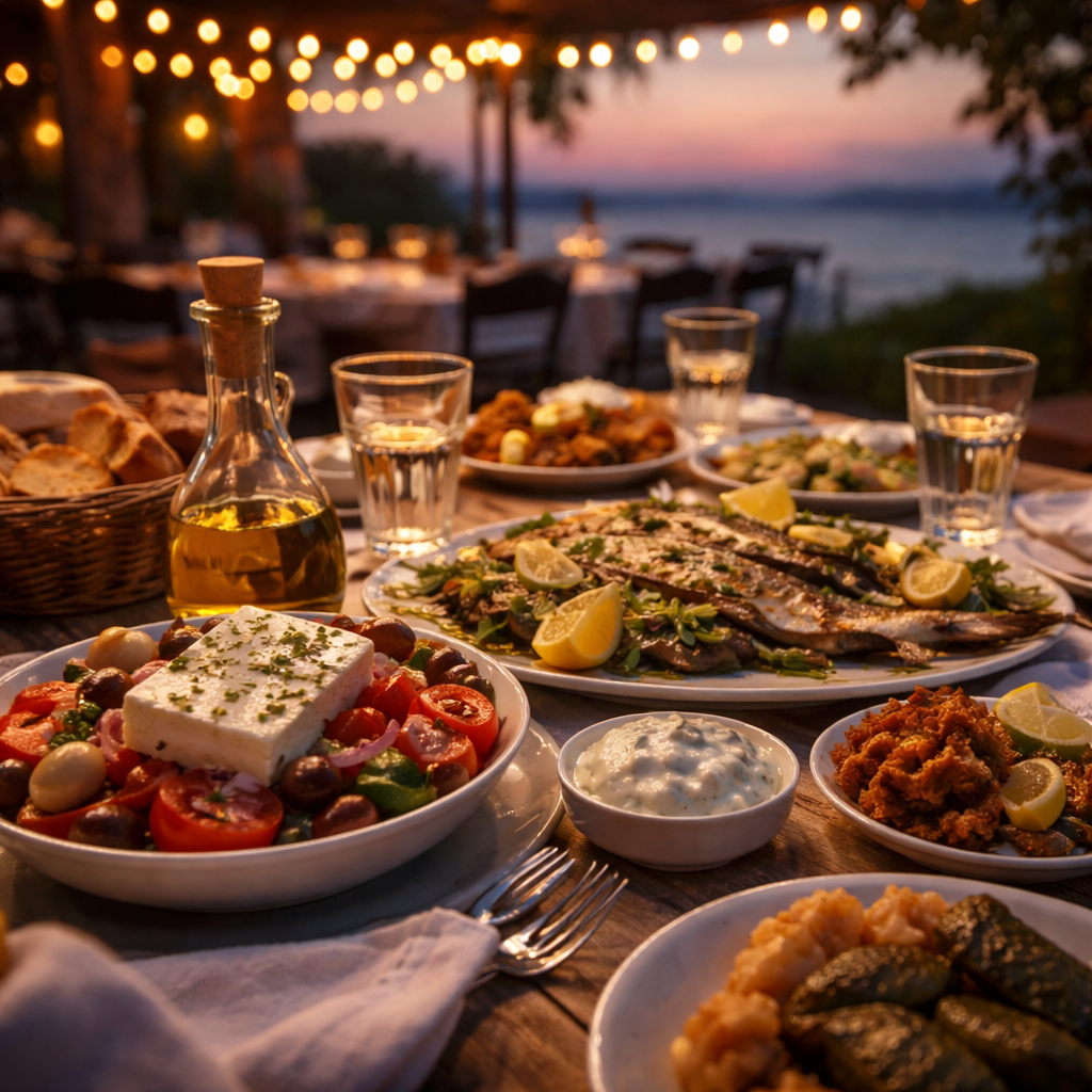 Greek taverna table at the start of dinner with warm lights and shared dishes.