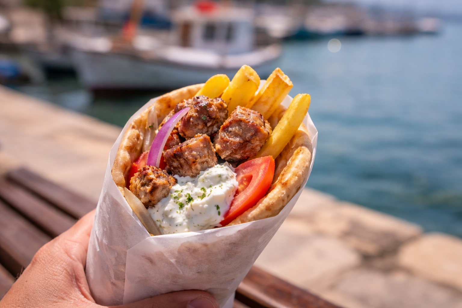 Souvlaki in hand on a harbor bench with the sea softly blurred behind.