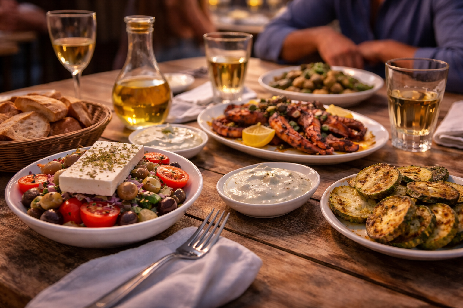 Greek meze spread building across a taverna table in warm evening light.