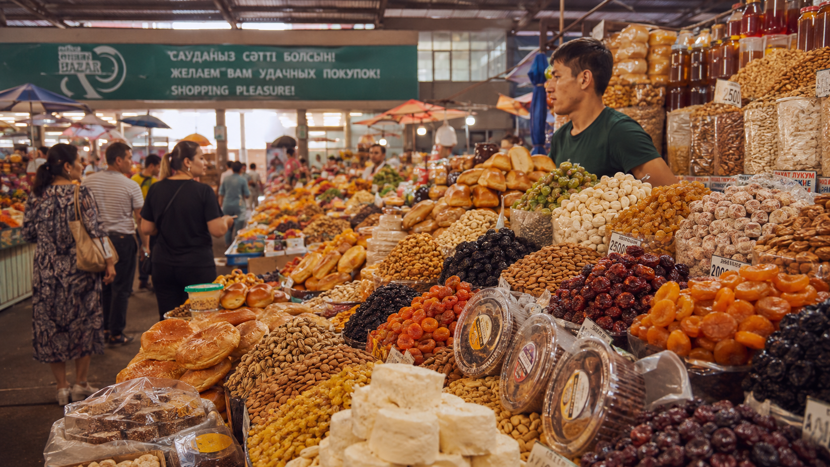 Green Bazaar in Almaty with dried fruits, nuts, spices, bread, and fresh produce.