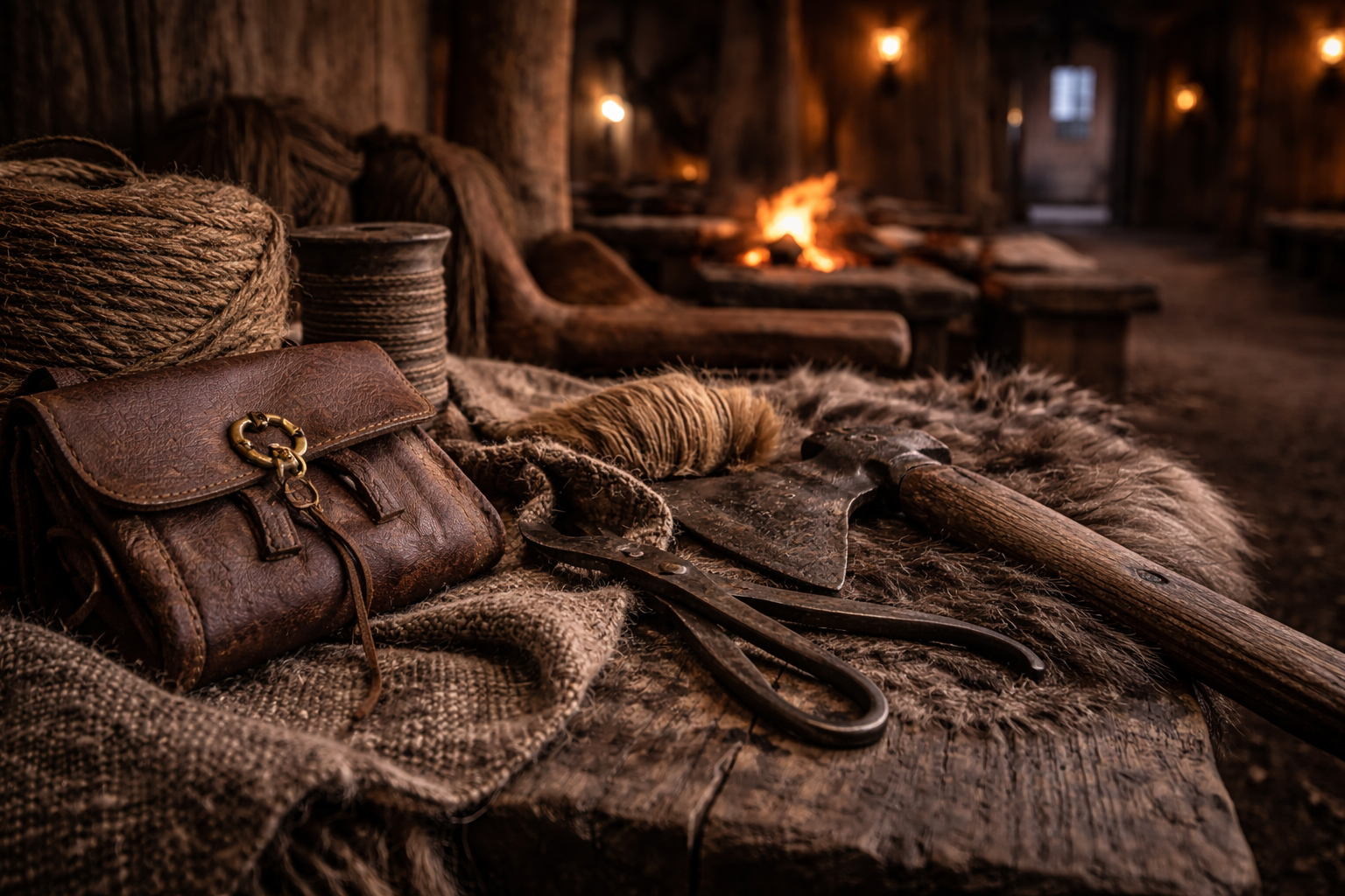Craft textures and firelight in a Viking living-history environment.