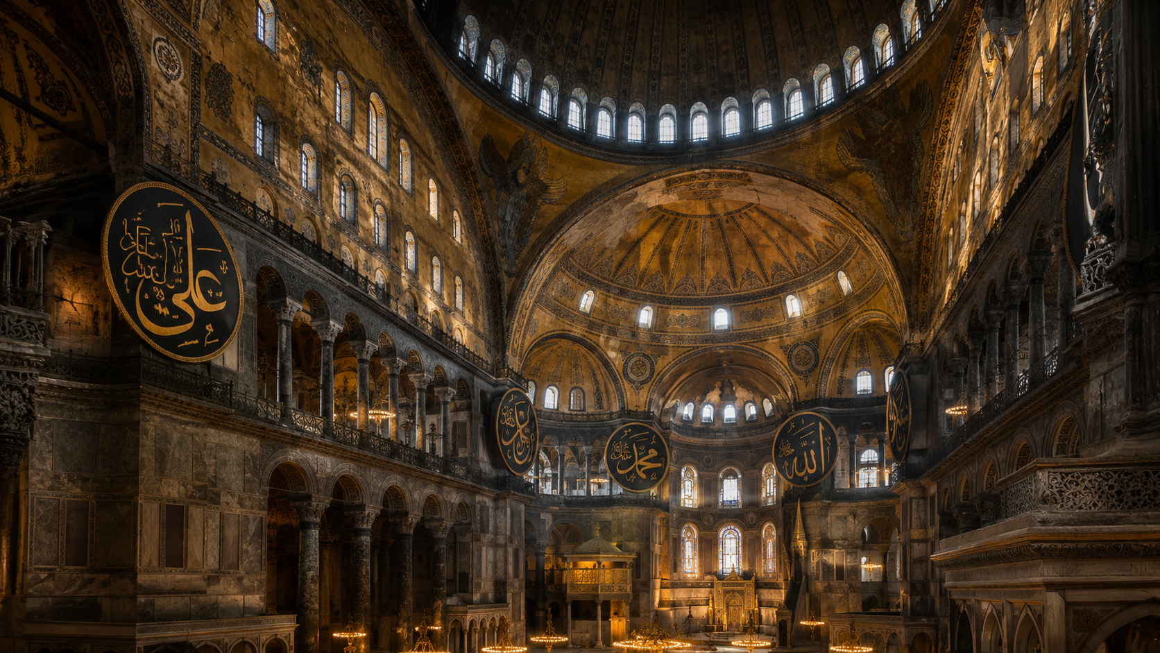 Interior of Hagia Sophia with dome, marble columns, calligraphy medallions, and historic layers