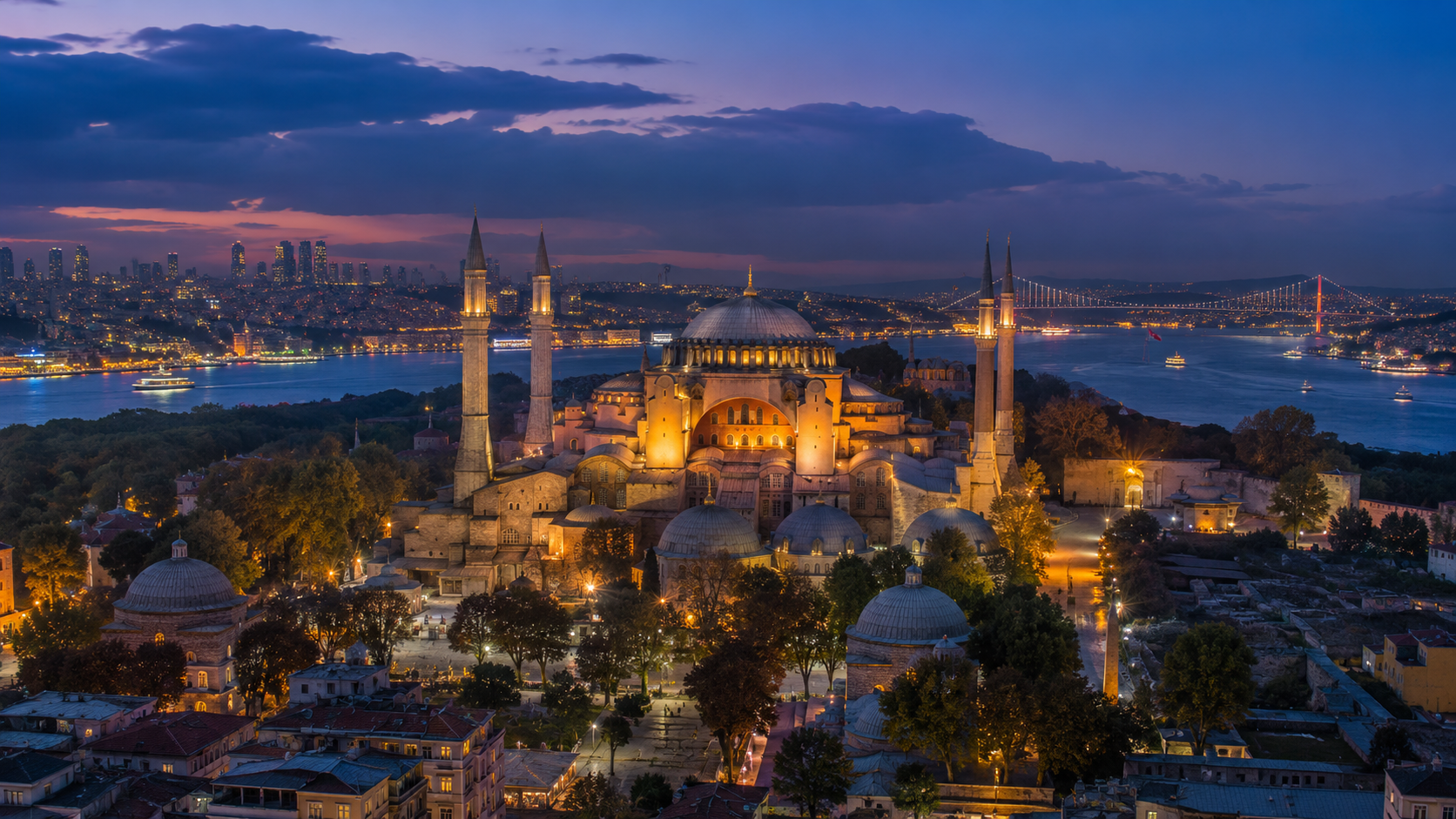 Hagia Sophia and Istanbul historic peninsula at blue hour