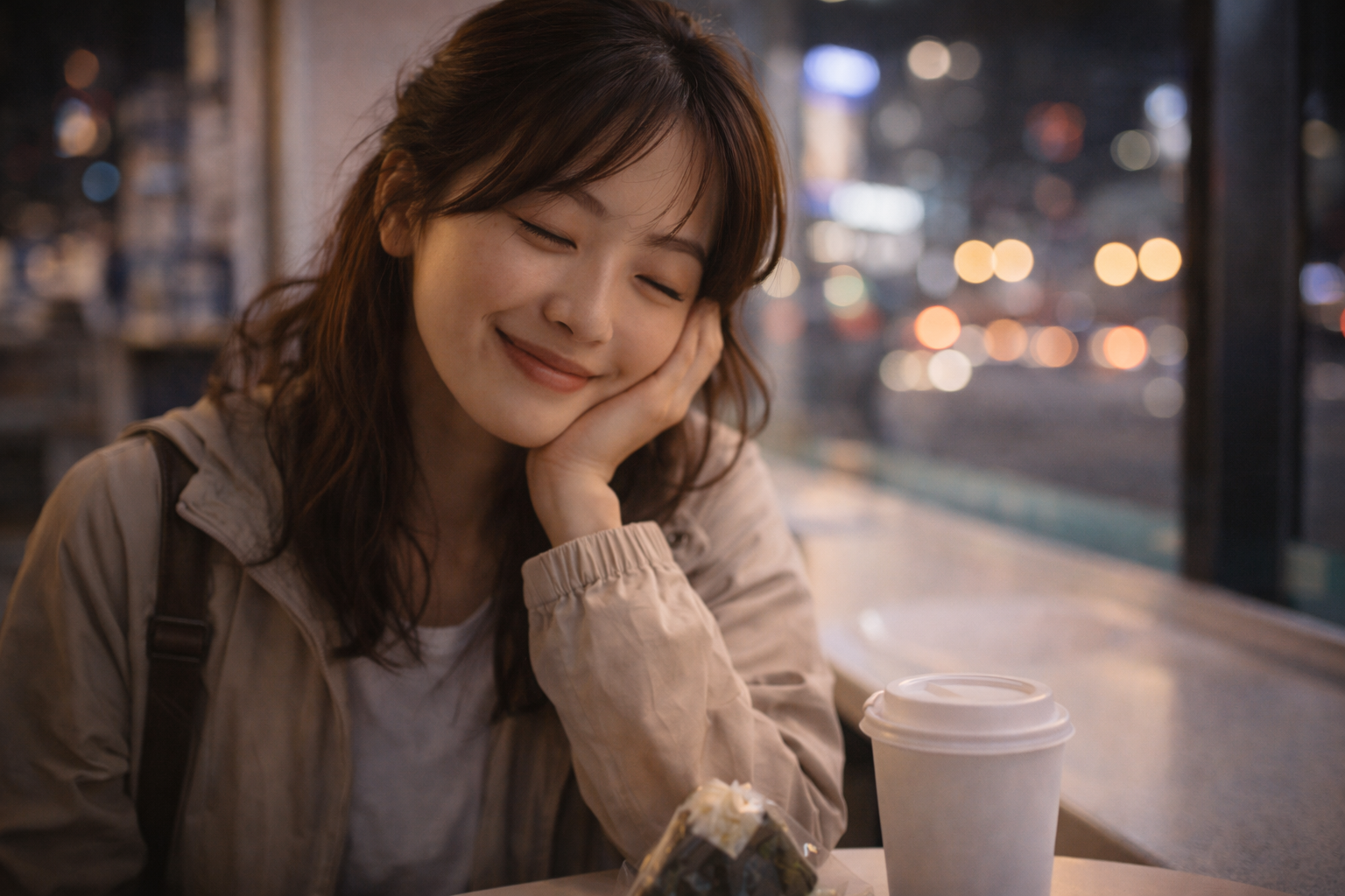 K-pop and K-drama travel guide: Calm close-up of a satisfied traveler ending the day in warm night light.