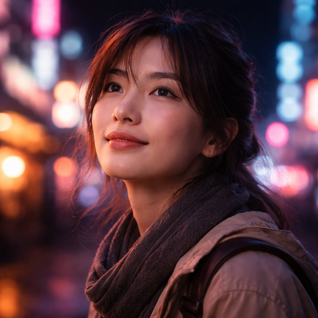 Close-up of a traveler’s face in soft neon light, Seoul bokeh behind.